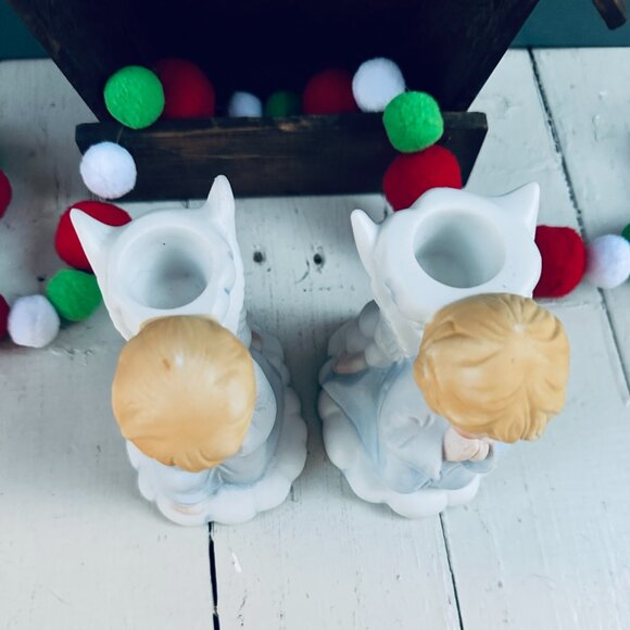 Vintage Praying Angels Candleholders Ceramic Angel Christmas Decor Blue White - Picture 4 of 8